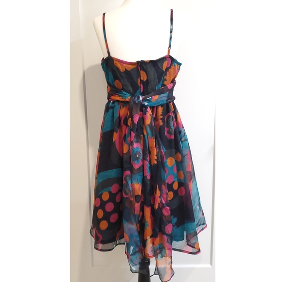 EUC spaghetti strap, tie-back, A-line dress. Size L. Orange, pink, black & teal. - Picture 2 of 9